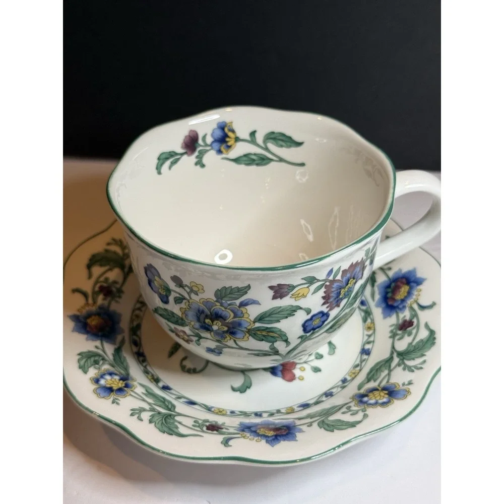 Nikko Oriental Garden Tea Cup & Saucer Set Floral White Blue #9875 Made in Japan